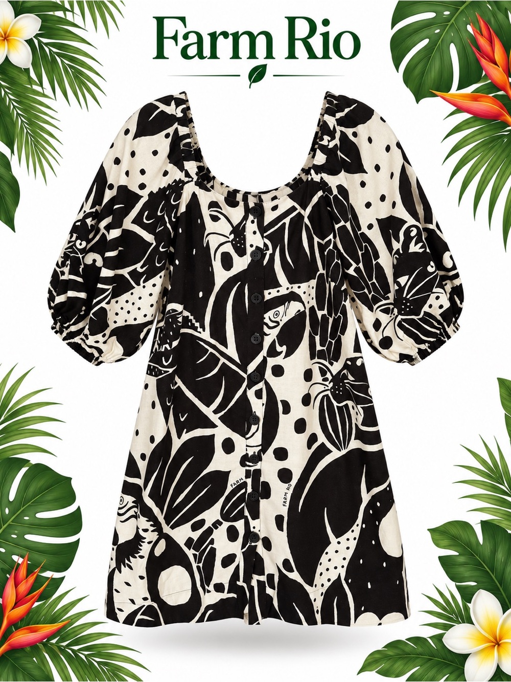 FARM Rio Black and White Printed Puff-Sleeve dress sz m